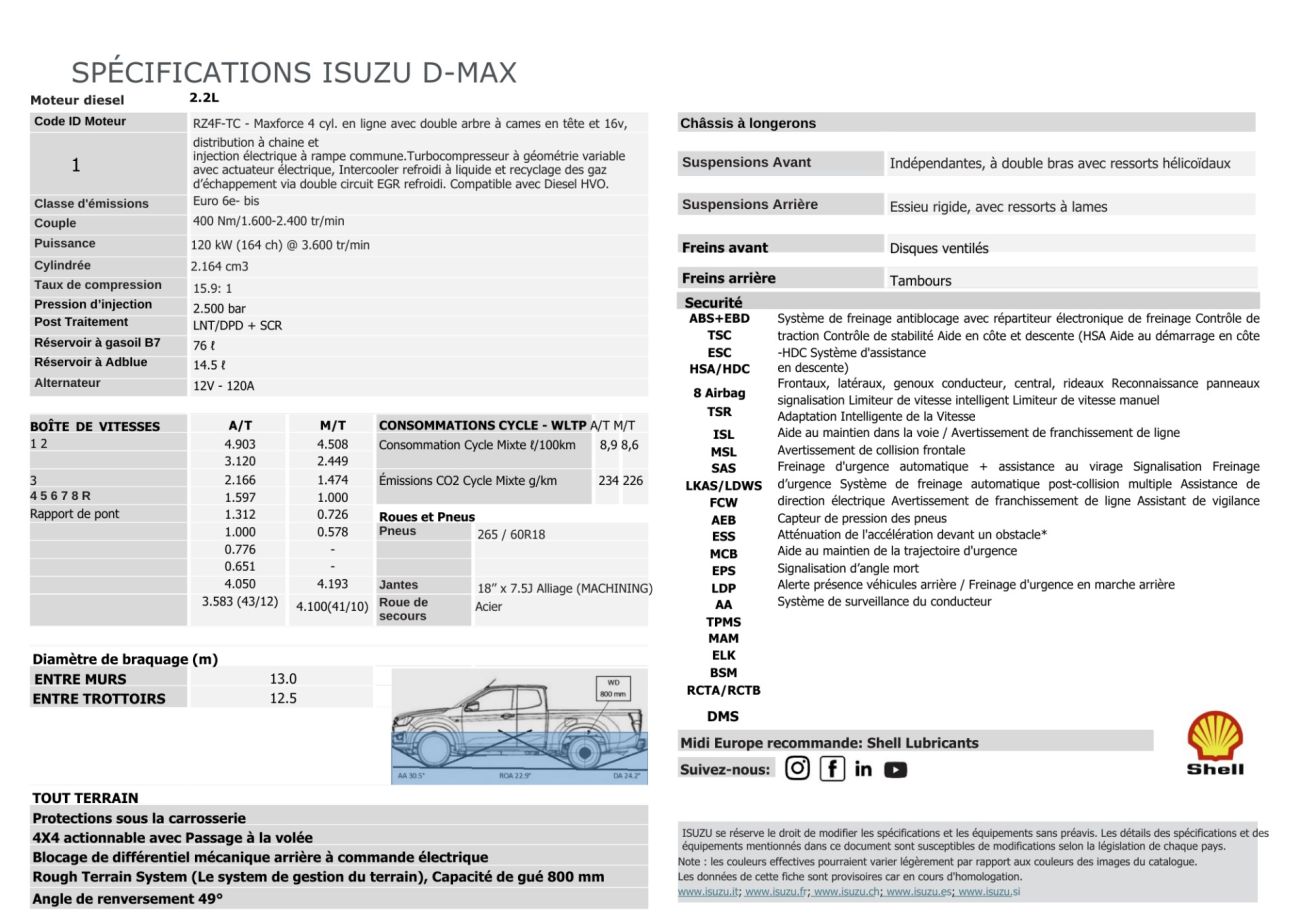 Mandataire ISUZU D-MAX NOUVEAU  2.2L SPACE PRESTIGE