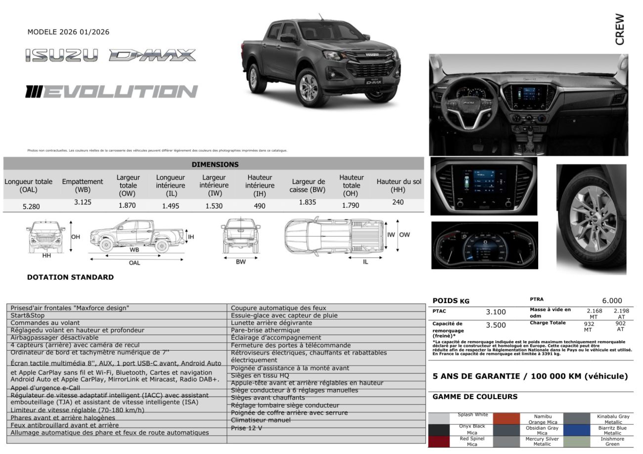Mandataire ISUZU D-MAX NOUVEAU  2.2L CREW EVOLUTION