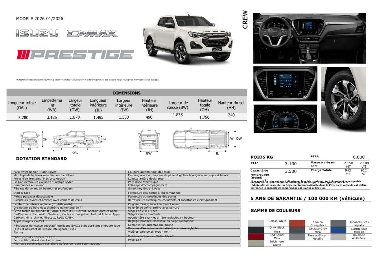Mandataire ISUZU D-MAX NOUVEAU 2.2L CREW PRESTIGE