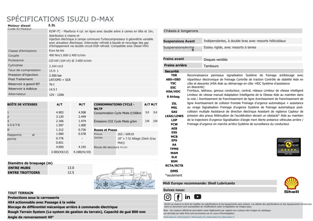 Mandataire ISUZU D-MAX NOUVEAU 2.2L CREW NITRO SPORT