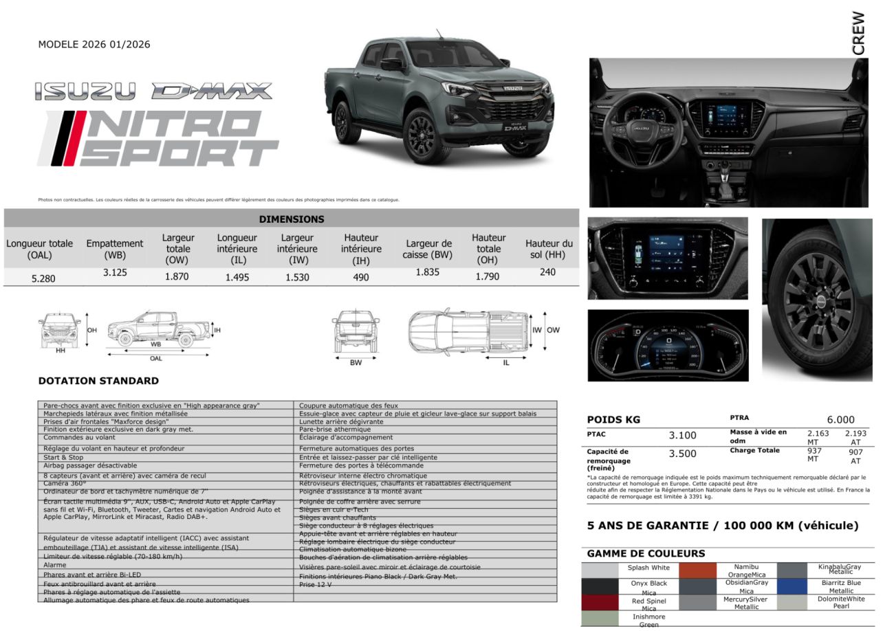 Mandataire ISUZU D-MAX NOUVEAU  2.2L CREW NITRO SPORT